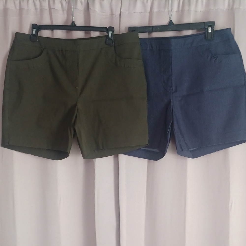 Kate Park Pull On Stretch Shorts, Pockets, Set Of Two, Olive Green, Denim Blue